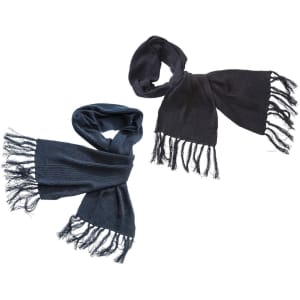 Acrylic scarves featuring two colours: a deep blue and black, both with fringed ends and a textured fabric.