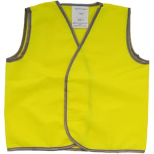 A bright yellow kids' safety vest with grey trim, featuring a simple design and no sleeves.