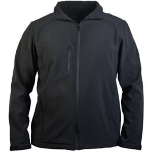 A black softshell men's jacket with a zip front and a small chest pocket. Features a logo on the chest area.