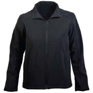 A black softshell women's jacket with a full front zip and long sleeves. Features minimal branding.