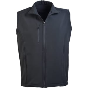 A black softshell vest with a zip front and side pockets, featuring a logo on the fabric.