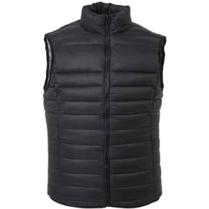 A black puffer vest with a zip front and a high collar, featuring a logo on the chest.
