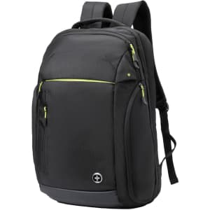 A black backpack with green accents and multiple compartments, featuring adjustable straps and a logo.