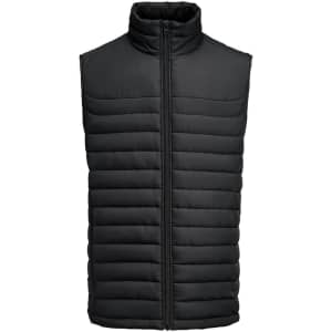 A black puffer vest with a high collar and zip-up front, featuring a quilted design. It has a logo on the chest area.