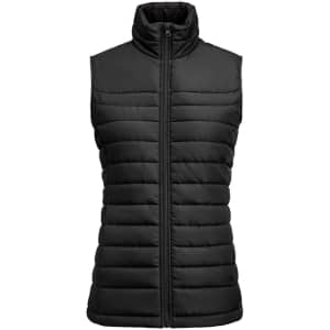 A black women's puffer vest with a high collar and zip closure, featuring a quilted design and no sleeves.