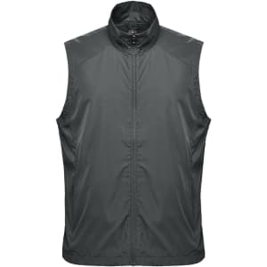 A dark green sleeveless vest with a high collar, featuring a front zip and a logo on the chest.