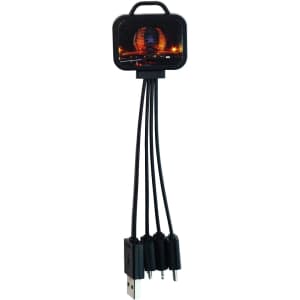 A 3 in 1 LED charging cable in black with multiple connectors, featuring a design on the main body and a logo.