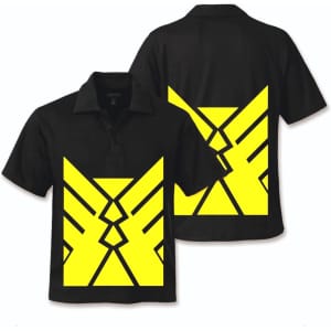 A black polo shirt featuring a bold yellow geometric design. The shirt includes a collar and has branding.