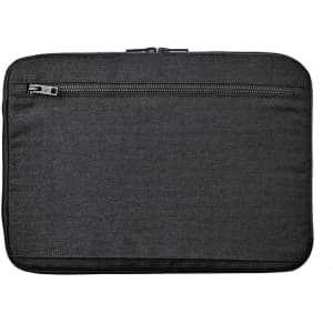 A black laptop sleeve with a zippered pocket, designed for a 14-inch laptop. It features a simple, sleek design.