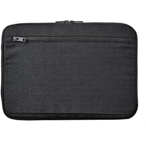 A black laptop sleeve with a zippered front pocket and a sleek, minimalist design.
