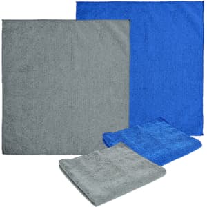A selection of microfibre cleaning cloths in grey and blue, featuring various sizes and a logo on some cloths.