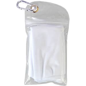 A white cooling towel folded inside a clear zippered pouch with a metal carabiner attached.