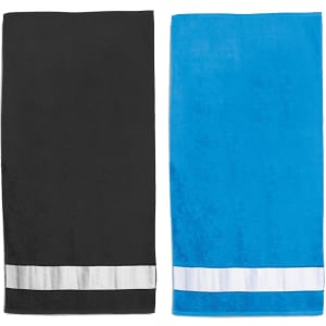 Two cooling towels in black and blue, each featuring a striped design at the bottom. Each towel has a branding logo.