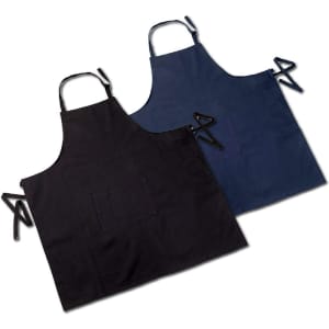 Two bib aprons in black and navy, each featuring a pocket and adjustable ties at the neck and waist.
