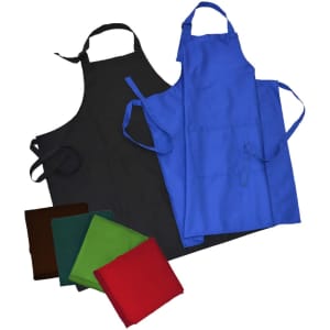 Two aprons, one black and one blue, with five fabric swatches in brown, green, red, and other colours, featuring a logo.