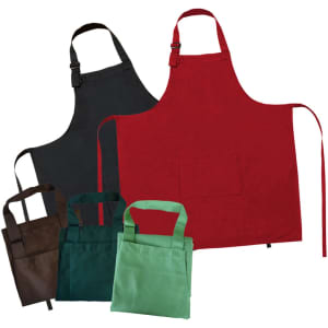 A collection of aprons in black, red, brown, green, and light green, featuring varied designs and a logo.