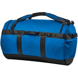 A blue duffle bag with black accents and straps, featuring a logo and sturdy handles.