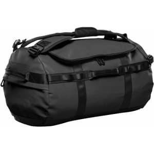 A black duffle bag with adjustable straps and a handle, featuring a secure closure and a logo.