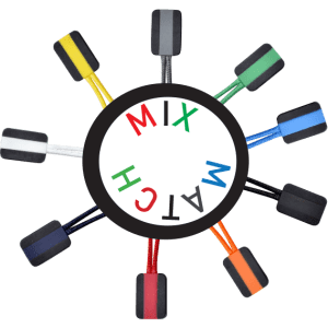 A circular arrangement of eight colourful zip pullers in various colours including green, yellow, black, and blue, with a central logo.