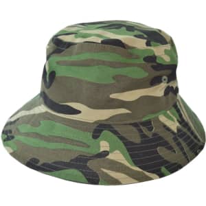 A camouflage bucket hat in shades of green and brown, featuring a logo on the side.