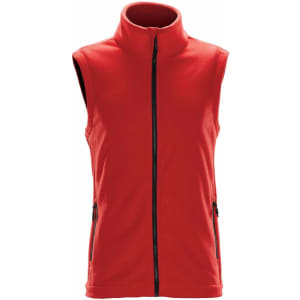 A red men's microfleece vest with a high collar and zippered pockets, featuring a logo.