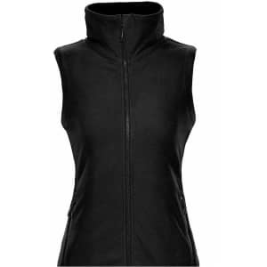 A black women's microfleece vest with a high collar and zippered pockets. It features a central zip closure and a fitted design.