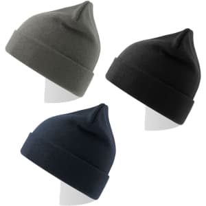 A set of three beanies in dark green, black, and navy blue, featuring a logo on each.