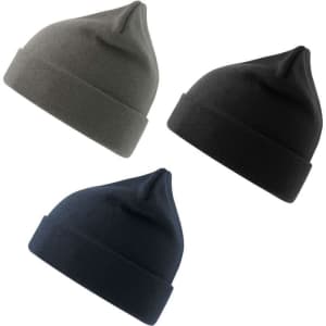 Three beanies in different colours: dark grey, black, and navy, featuring a simple design and a folded cuff.