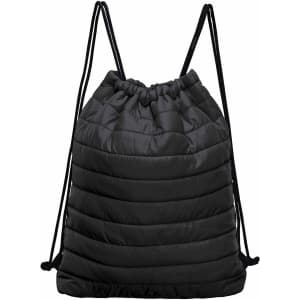 A drawstring bag in black with a quilted texture and adjustable black cords. Features a logo.