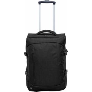 A black wheeled carry-on bag with a retractable handle and multiple zippers, featuring branding on the front.