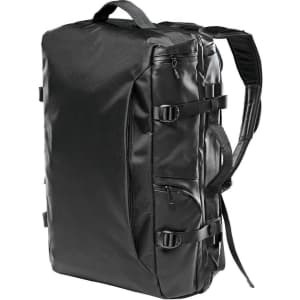 A black wheeled bag with multiple pockets and adjustable straps, featuring a logo on the front.
