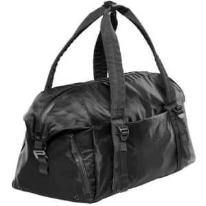 A black duffle bag with dual handles, zippers, and a sleek design. Features a logo on the front.