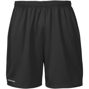 Black sports shorts made from lightweight fabric with an elastic waistband and logos. Suitable for training and exercise.