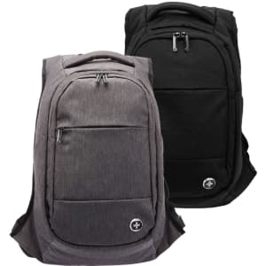A grey and black backpack with zippers and a logo, featuring padded straps and multiple compartments.