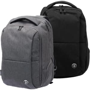 Two backpacks in grey and black, featuring a logo, with a sleek design and multiple compartments.