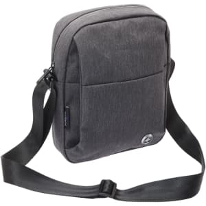 A grey shoulder bag with an adjustable strap, featuring a front pocket and a logo. Suitable for everyday use.