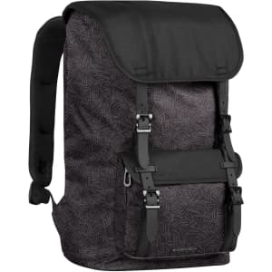 A black patterned backpack featuring adjustable straps and a flap closure, equipped with a logo at the front.