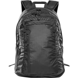 A black laptop bag featuring multiple zippered compartments and padded shoulder straps, with a grab handle on top.