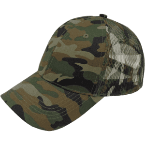 A camo trucker cap featuring a camouflage pattern in shades of green and brown, with a mesh back and a logo.