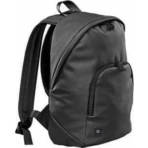 A black backpack featuring a sleek design, adjustable straps, and front zippered pockets. It has a logo on the front.