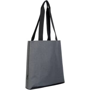 A grey tote bag with black handles and a branding logo. Stylish and spacious for everyday use.