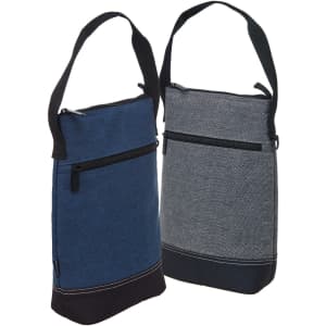 A drink bottle cooler bag set featuring two bags, one in blue and the other in grey, both with shoulder straps and zip pockets.
