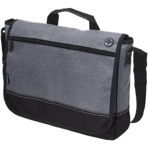 A grey and black laptop satchel with an adjustable strap and a front zip pocket. Features a logo on the side.