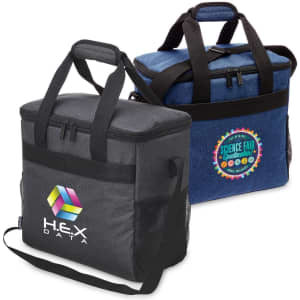 Two cooler bags in grey and denim blue, featuring handles and side mesh pockets, each with a logo.