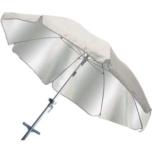 A silver beach umbrella with a sturdy metal frame and wide canopy, ideal for outdoor leisure.