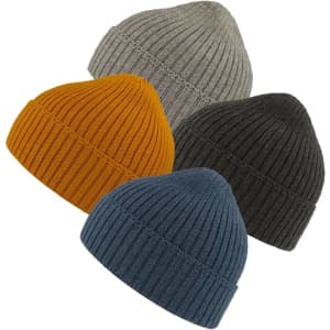 Four knitted beanies in grey, mustard yellow, dark green, and blue, featuring a ribbed texture. Each has a logo.