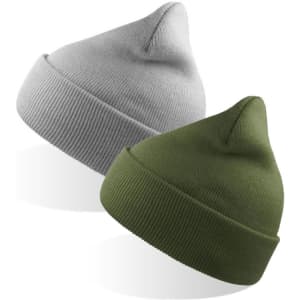 Two beanies, one grey and one olive green, displayed with a textured knit design. Each features a rounded top and a logo.