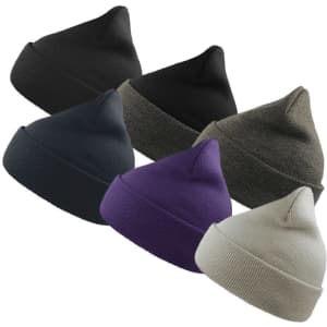 A collection of six beanies in black, green, purple, olive, and light grey, each with a ribbed cuff and a logo.