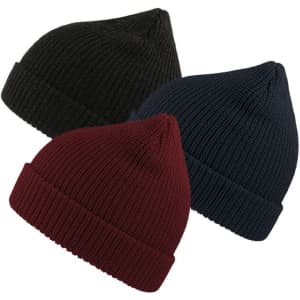 Three beanies in dark green, navy blue, and burgundy, featuring a ribbed design and a logo on each.