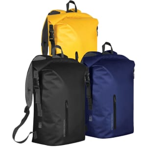 A collection of three Cascade Waterproof Backpacks in yellow, black, and navy, each with adjustable straps and a logo.